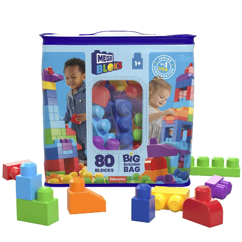 Hand - Sanded Interlocking Wooden Building Blocks for Easy Assembly and DisassemblyMEGA BLOKS 80-Piece Big Building Bag Blocks For Toddlers 1-3, Blue