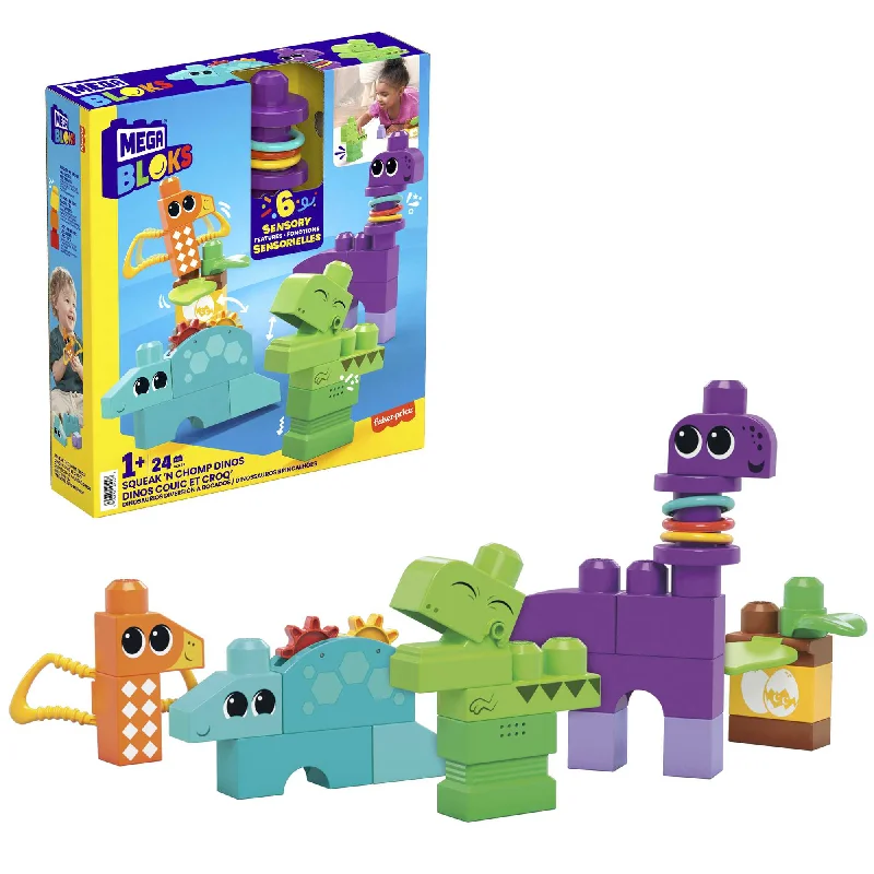 Sustainable Solid Wood Building Blocks with a Musical Instrument DesignMEGA Bloks Squeak 'n Chomp Dinos Sensory Building Toys For Toddlers 1-3 (24 Pcs)