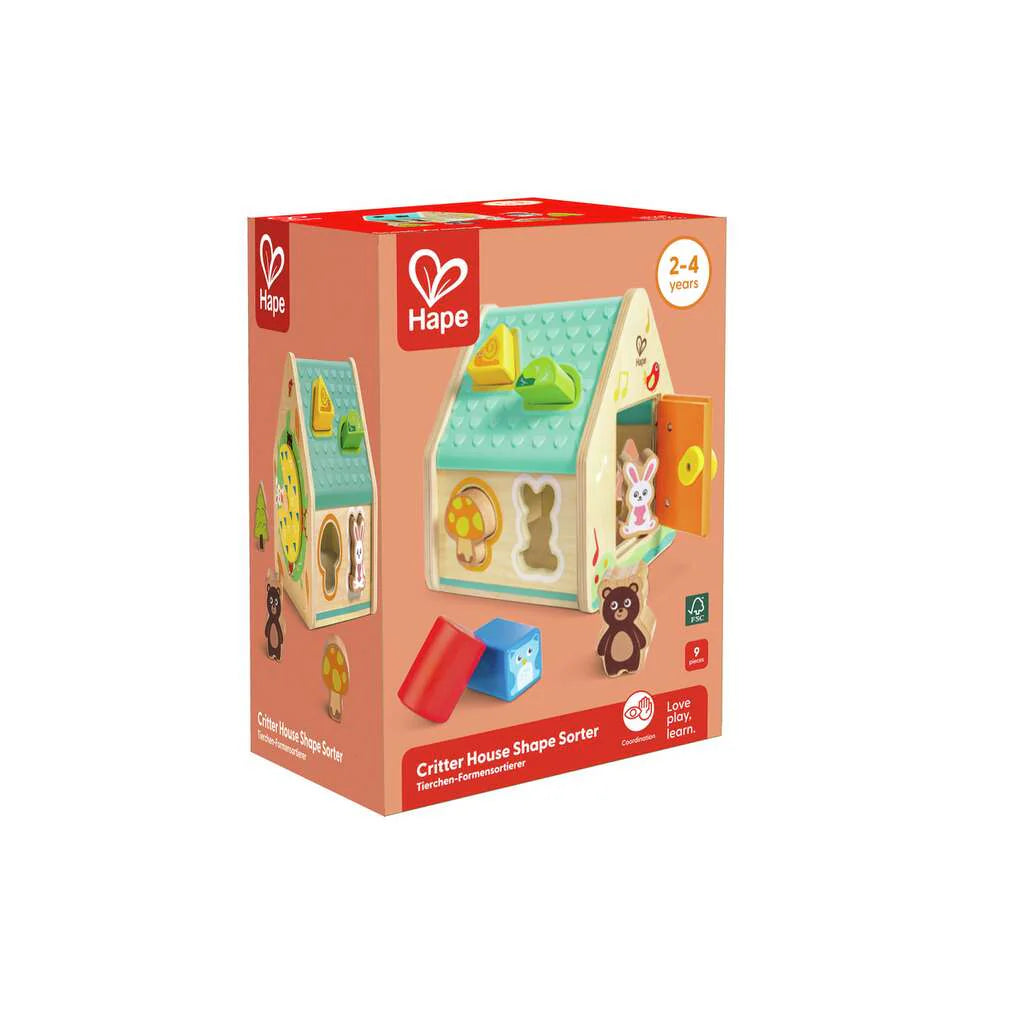 Sustainable Small - Scale Wooden Building Blocks for Pocket - Sized CreativityCritter House Shape Sorter Hape