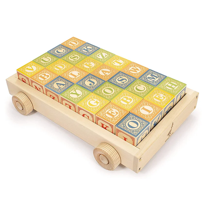 Large - Scale Solid Wood Building Blocks for Outdoor Play and Garden StructuresUncle Goose English Alphabet Blocks with Wagon Base