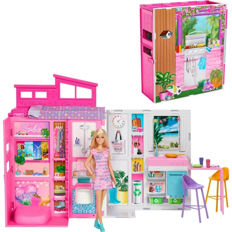 Eco - Friendly Wooden Building Blocks with a Castle - Building ThemeBarbie Doll House Playset, Getaway House with 11 Accessories