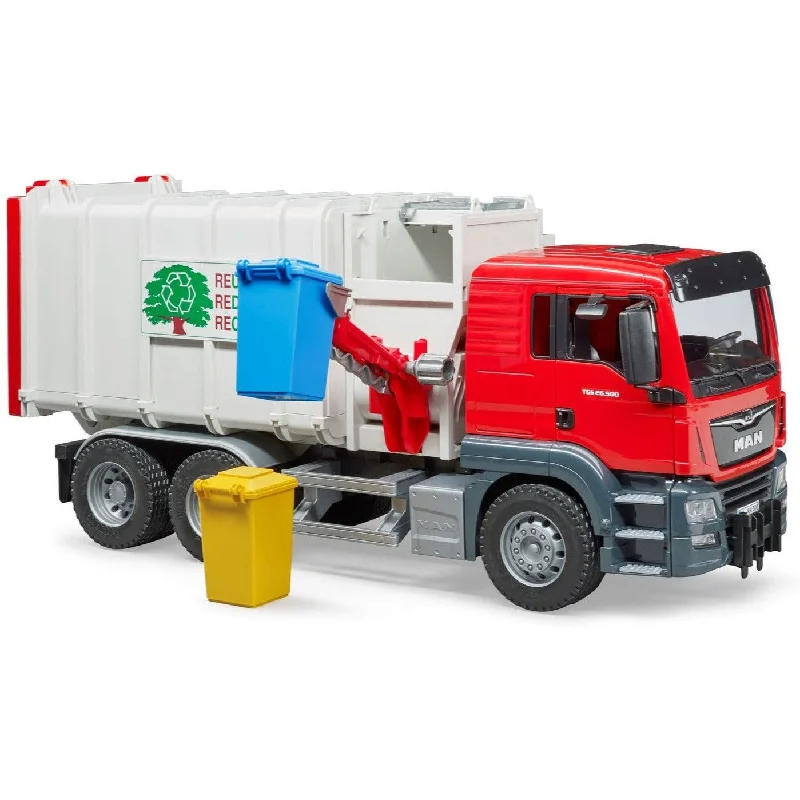 N - Scale Model Train Layout with a City - Themed Background and Animated FiguresBruder MAN TGS Sige Garbage Truck