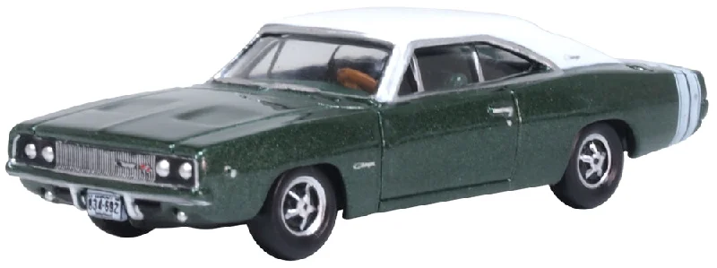 N - Scale Model Train Layout with a City - Themed Background and Animated FiguresOxford Diecast 1968 Dodge Charger Racing Greenand White