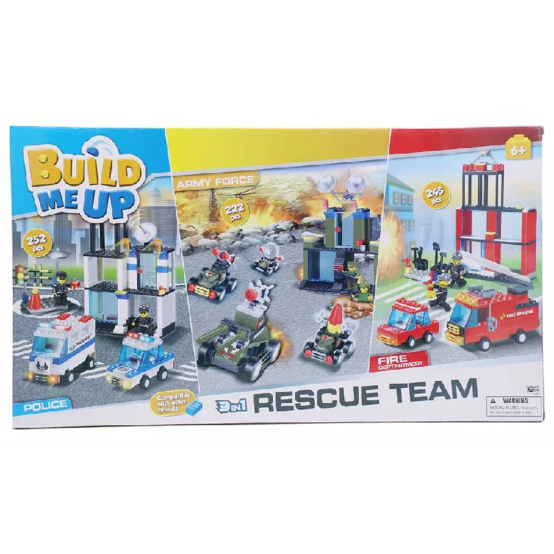 High - Quality Solid Wood Educational Toys for Developing Fine Motor Skills in KidsBuild Me Up Rescue Team 3 In 1 Police, Fire, Military Blocks Multicolour - 719 Pieces