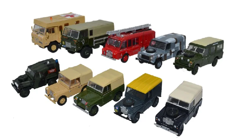 Collectible Train Set with a Steam Locomotive, Passenger Cars, and Track AccessoriesOxford Diecast 10 Piece Land Rover Military Set