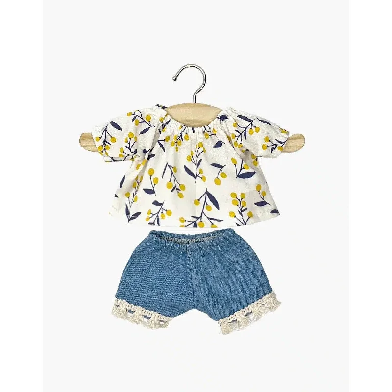 Dolls for Art Enthusiasts with a Painting Set and Art - Inspired AccessoriesMinikane amigas Rosalie blouse top set in mimosa cotton and denim shorts with fringes