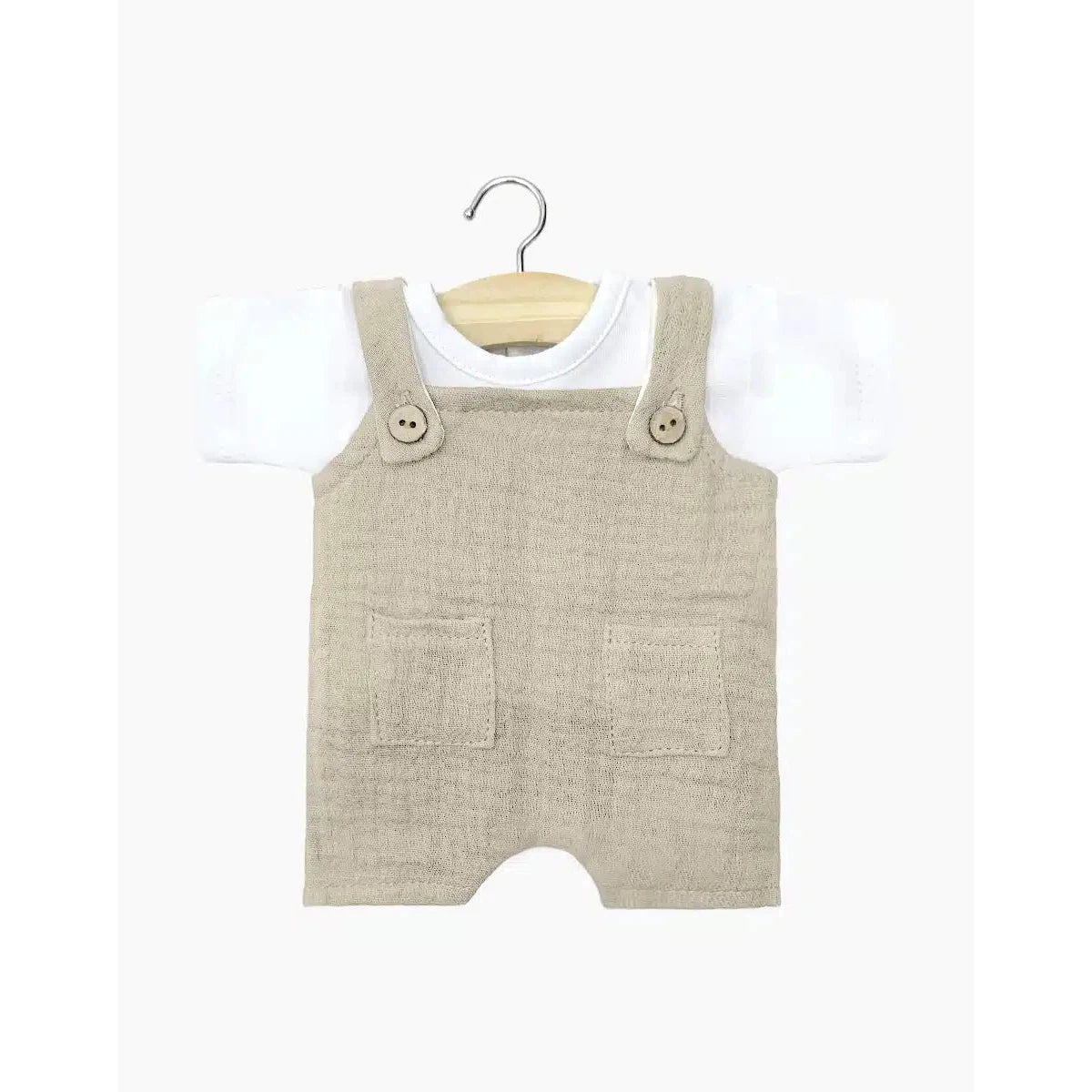 Dolls with a Temperature - Sensing Feature and Seasonal AccessoriesMinikane babies Antonin overalls set in pebble gauze and white jersey t-shirt