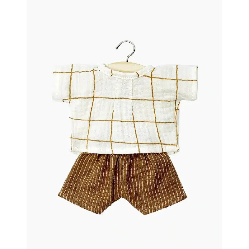 Collector - Grade Porcelain Dolls with Hand - Painted Facial Features and Custom - Made AccessoriesMinikane babies mao top set in Aldo double gauze check and Vito shorts in hazelnut striped cotton