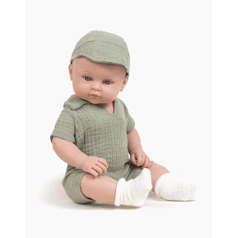 Interactive Talking Dolls with Educational Accessories like Storybooks and FlashcardsMiniKane bambinis boy Yann dressed in a tom Jumpsuit and green double gauze cap