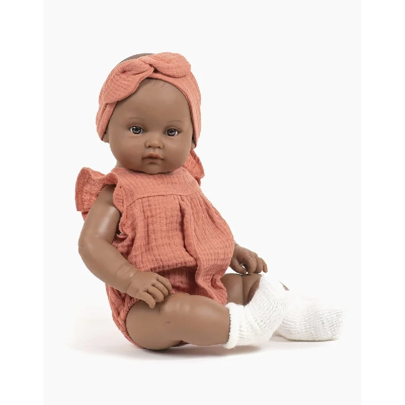 Dolls with Sound - Activated Movements and a Set of Musical Instrument AccessoriesMiniKane bambinis girl Augustine dressed in an olivia romper and double marsala gauze headband