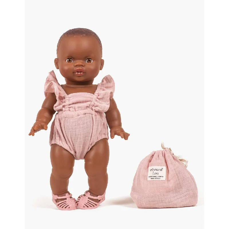 Dolls with Removable Magnetic Clothing and a Variety of Magnetic AccessoriesMiniKane gordis Lou retro romper in petal cotton gauze with pouch