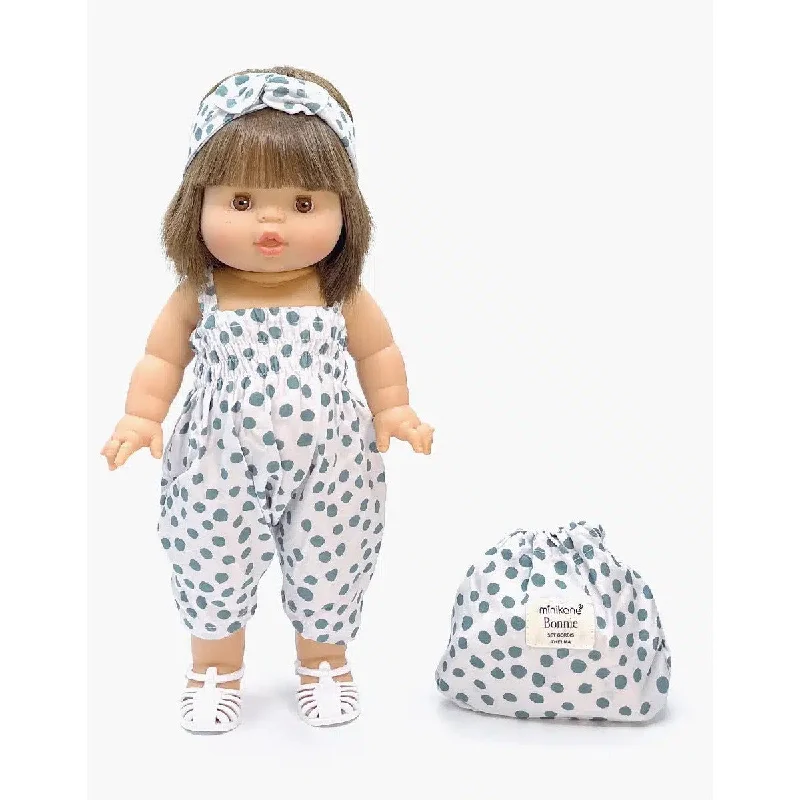 Dolls for Pet Lovers with Adorable Pet - Themed AccessoriesMiniKane gordis Bonnie jumpsuit and headband in Thelma grey polka dot cotton set with pouch